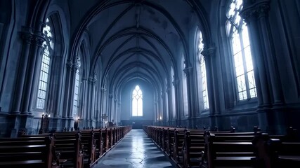 Gothic church interior with arches, stained glass, and dark moody atmosphere. - Powered by Adobe