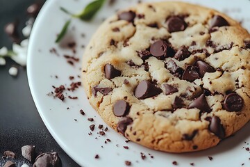 Yummy Chocolate Chip Cookie Close Up on White Plate over Dark Background
