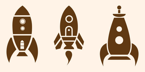 Set of rocket vector icons. Launch spaceship or spacecraft. Rocket fast flying for space. New business start up.