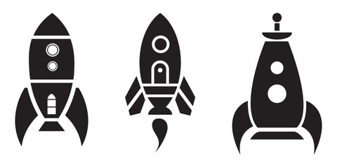 Set of rocket vector icons. Launch spaceship or spacecraft. Rocket fast flying for space. New business start up.