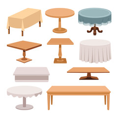 Collection of various tables with different shapes and tablecloths on white background