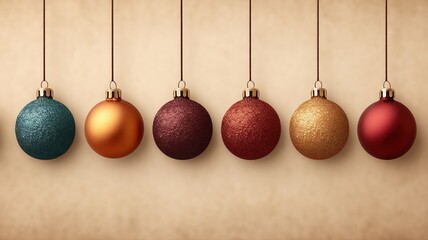 Obraz premium row of colorful hanging christmas baubles on beige background