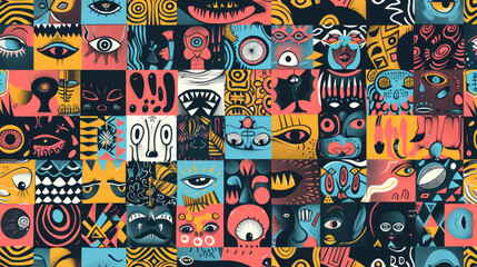 Naklejka premium Colorful Abstract Geometric Pop Art Collage with Vibrant Patterns, Shapes, and Retro Modern Design in Bright Neon Mosaic Style