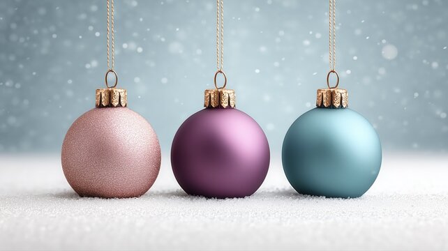 pastel christmas ornaments on snowy ground with falling snowflakes