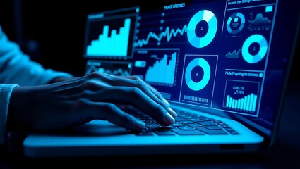 Person s hands typing on a laptop displaying glowing blue financial charts and graphs