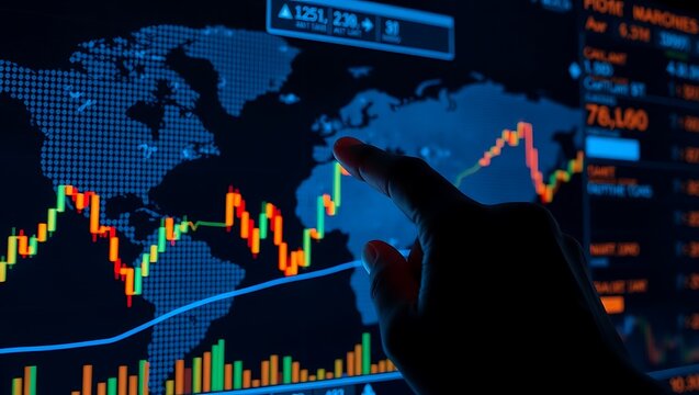 Hand pointing at glowing financial stock market data charts and world map - Powered by Adobe