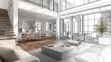 Modern open-plan living area with architectural sketch overlay