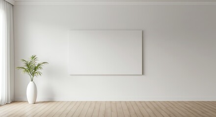 Minimalist interior design featuring a blank canvas, hardwood floor, and a potted plant.