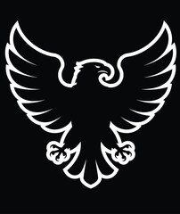Obraz premium Eagle Silhouette with Spread Wings White Outline on Black Background Powerful and Majestic Bird