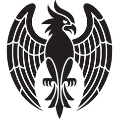 A black and white illustration of an eagle with wings spread and a fleur de lis at the bottom on transparent background © SurrealSee