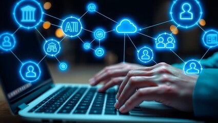 Hands typing on laptop with glowing digital network of icons and connections