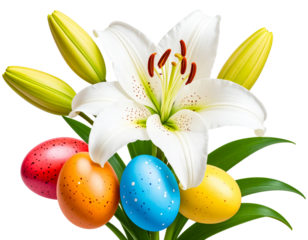 Easter lily with colored eggs isolated on a transparent background, cutout PNG file f