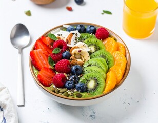 Vibrant and colorful smoothie bowl with fresh fruits and nuts, ready to eat.
