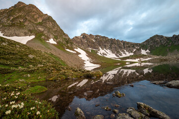 sunset on a mountain lake