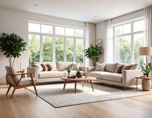 Bright living room interior with beige sectional sofa, armchair, round coffee table, and large windows overlooking greenery.