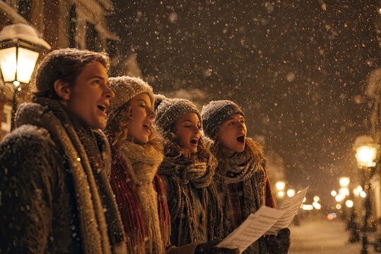 A group of friends singing Christmas carols on a snow-covered street at night with lamp posts lit, cinematic