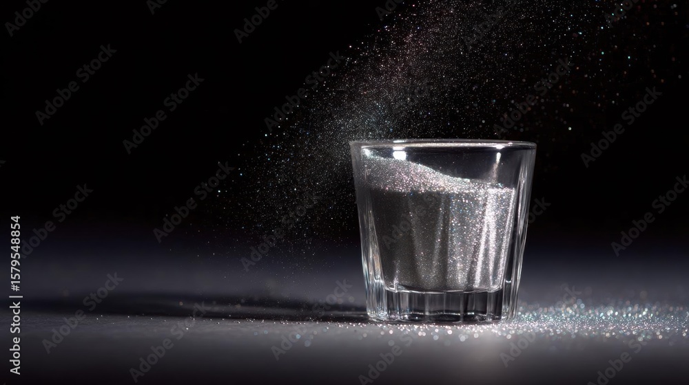 Poster glass of water on a black background. the glass is empty and is placed on a reflective surface. the 
