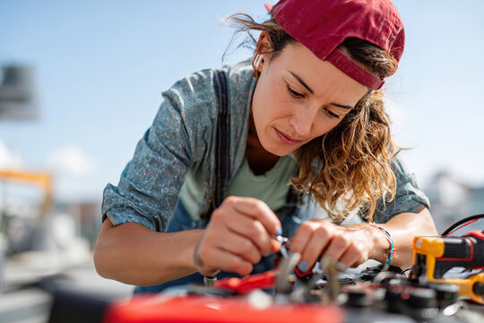 Woman repairing an e-bike using a DIY toolkit outdoors on a clear day