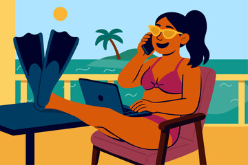 Remote work lifestyle concept with woman in swimsuit using laptop on tropical balcony
