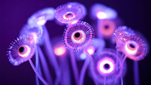 Luminous flower-like structures with glowing eyes.