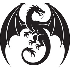 A silhouette of a dragon with wings spread and a curled tail on a light gray background design art on transparent background