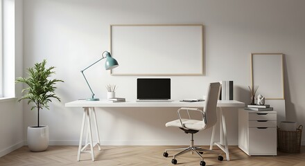 Modern minimalist home office setup with a desk, laptop, and framed artwork.