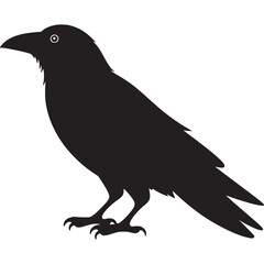 A silhouette of a raven standing against a white background with its wings slightly folded down on transparent background