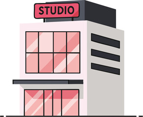 Modern studio building with pink windows and simple architectural design in vector illustration style 