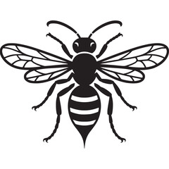A graphic illustration of a bee with striped abdomen and detailed wings in black and white style on transparent background
