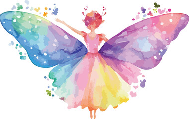 Watercolor Fairy with Rainbow Wings and Dress in Fantasy Illustration Style