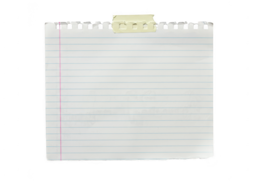 Lined notebook sheet with ripped top and bottom edges, isolated on transparent background