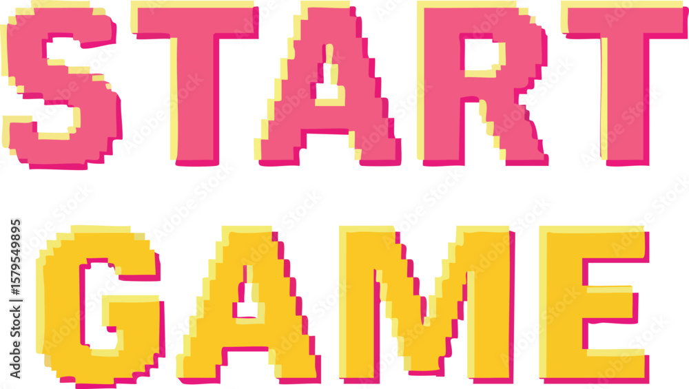 Fototapete start game text in pixel art style with pink and yellow colors for retro video gaming interface desi
