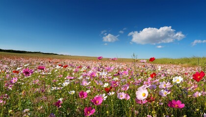 vibrant minimalist summer landscape with blooming flowers under a clear blue sky