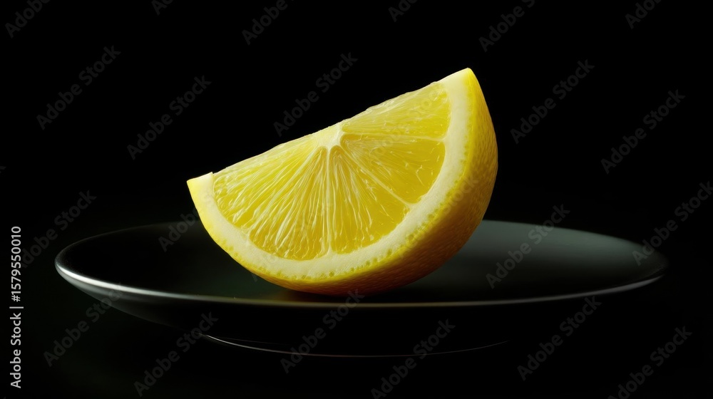 Poster close-up of a single lemon slice on a black plate. the lemon is cut in half, with the outer edge of 