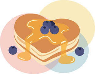 Heart shaped pancakes with blueberries and honey drizzle vector illustration in pastel color style 