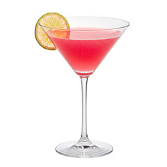 Pink cocktail with lime garnish on transparent background