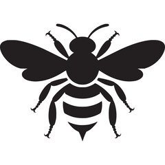 A minimalistic black and white illustration of a bee with wings and striped abdomen on white background on transparent background
