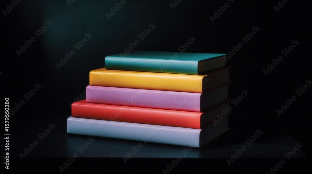 Aufkleber stack of five books on a black surface. the books are arranged in a pyramid-like shape, with the top
