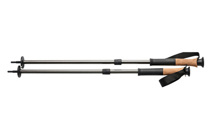 Adjustable hiking poles with cork grip handles and rubber tips on a clean white background