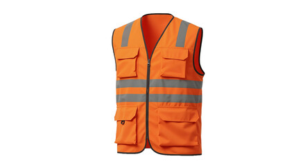 High visibility safety vest in bright orange color with reflective stripes on a plain background