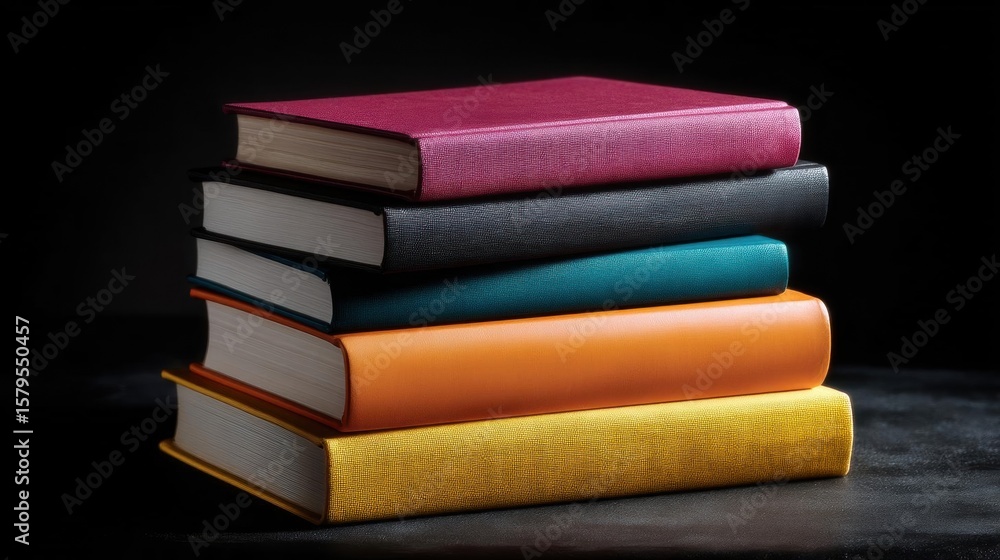 Aufkleber stack of five books on a black surface. the books are arranged in a horizontal manner, with the topm