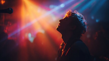Fototapeta premium A performer on stage bathed in colorful stage lights