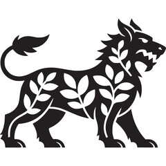 Illustration of a black lion with leaves and a curled tail on a light gray background design art on transparent background
