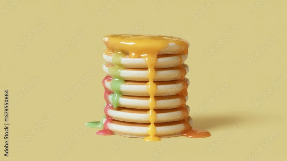 Poster stack of pancakes with a drizzle of syrup on top. the pancakes are arranged in a neat stack and are 