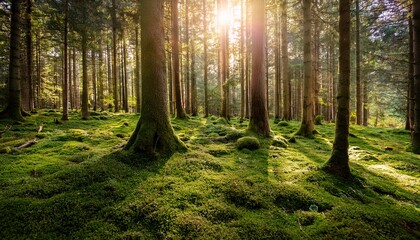 lush green forest with moss covered ground sunlight filtering through trees serene atmosphere