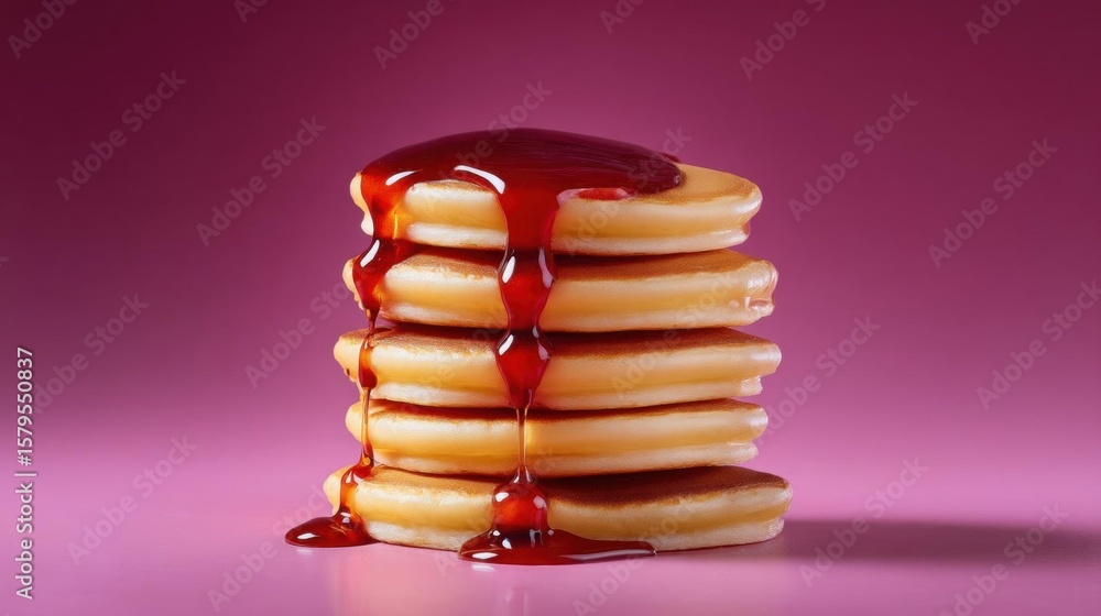 Poster stack of pancakes with a drizzle of red sauce on top. the pancakes are golden brown and appear to be