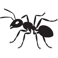 A simple black silhouette of an ant with six legs and two antennae on a light gray background plain style on transparent background