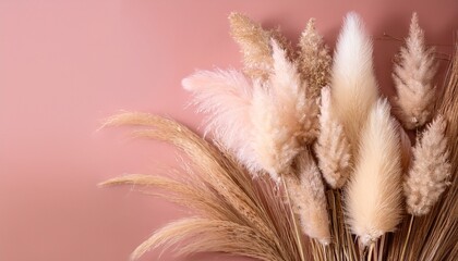 boho chic dried lagurus and pampas grass a fluffy aesthetic against a pink background
