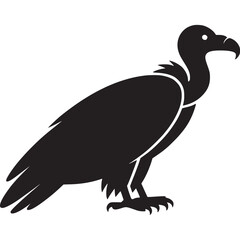 A bold and striking black silhouette of a vulture standing against a light gray background scene on transparent background