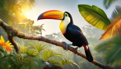 Fototapeta premium this is an artistic and vibrant image featuring a toucan perched on a branch with a tropical backdrop that suggests a lush rainforest setting